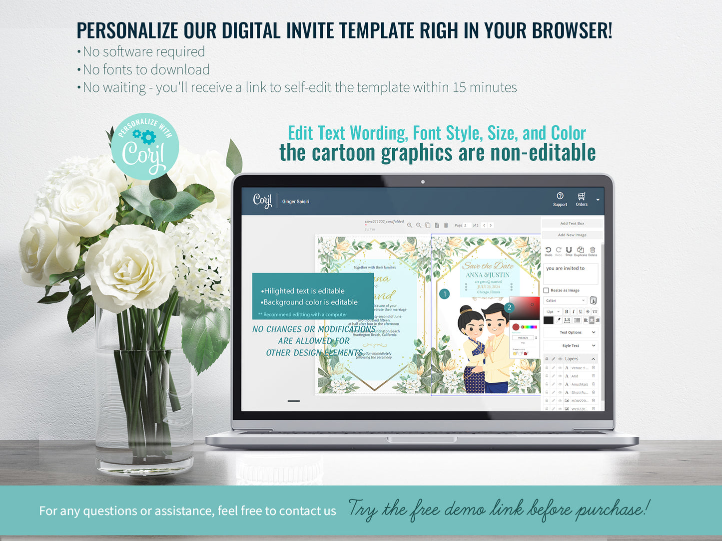 Cute Asian, Khmer, Lao, Thai Wedding invitation, E-Invite template #sewc211202