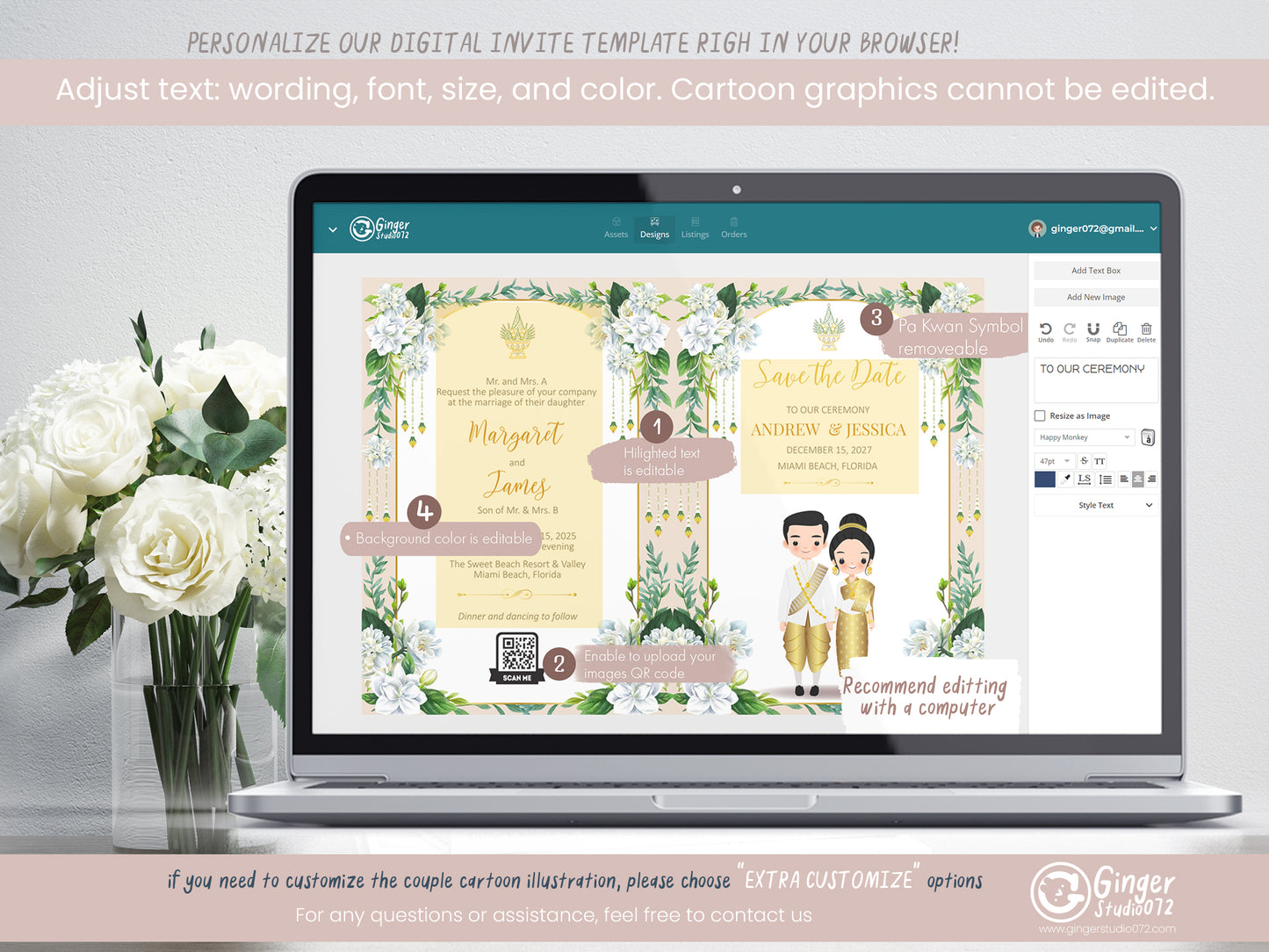 Cute Asian, Khmer, Lao, Thai Wedding invitation, E-Invite template #sewc240502