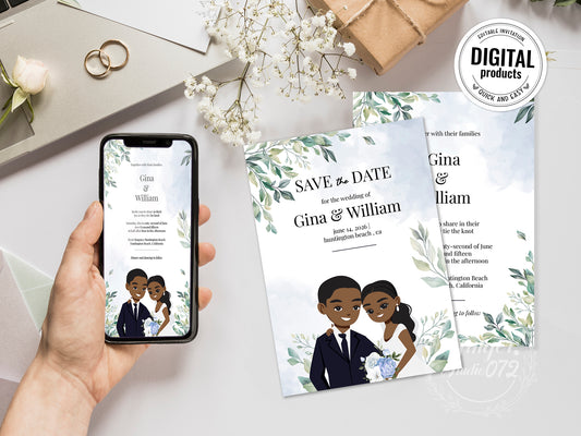 Cute African-American wedding Invitation, Customize template #bcwd210501