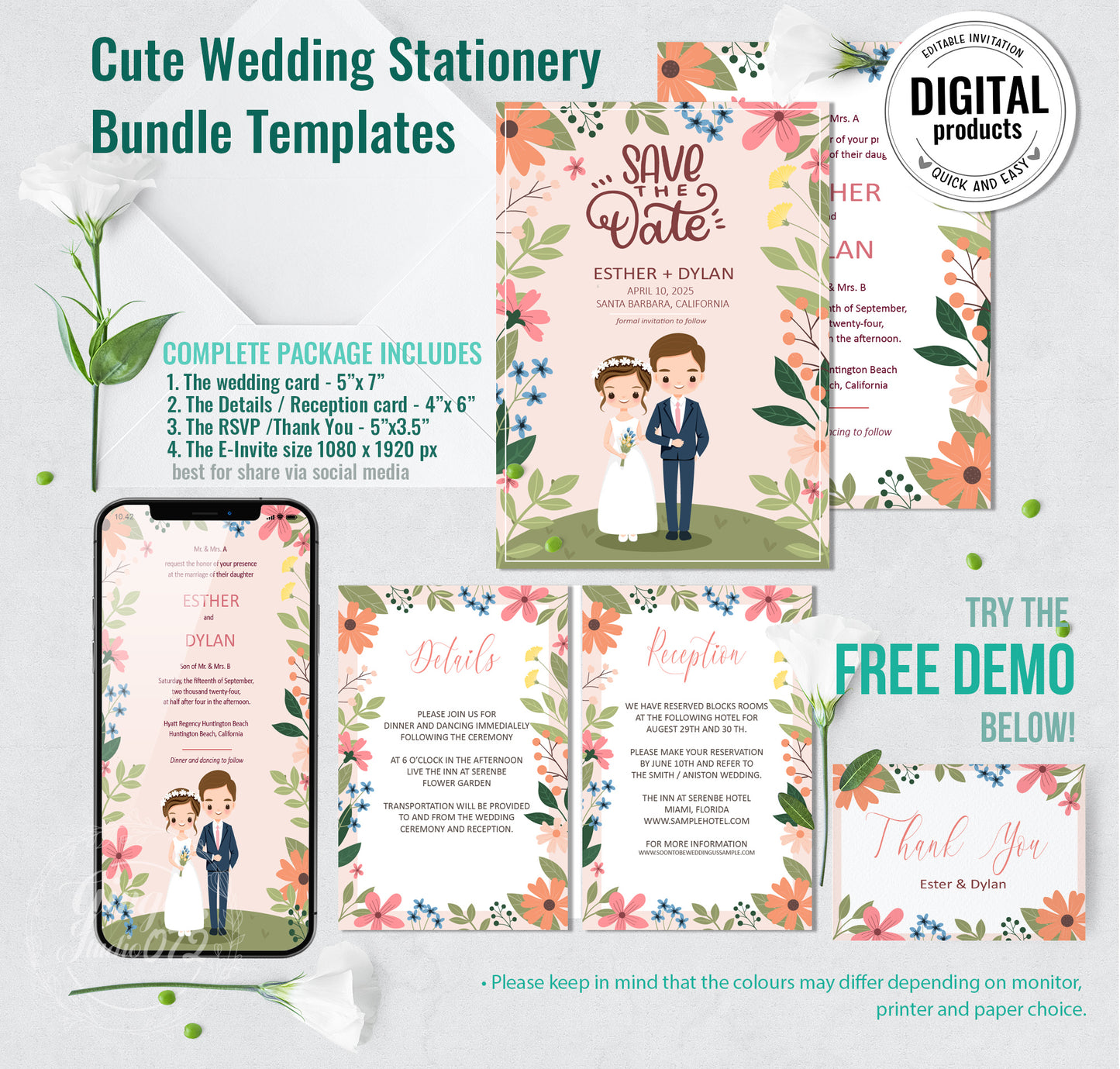 Cute Wedding Invitation, E-invitation, Digital Template #ctwd220904