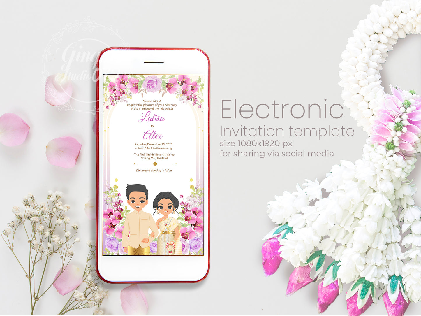 Cute Asian, Khmer, Lao, Thai Wedding invitation, E-Invite template #sewc230702