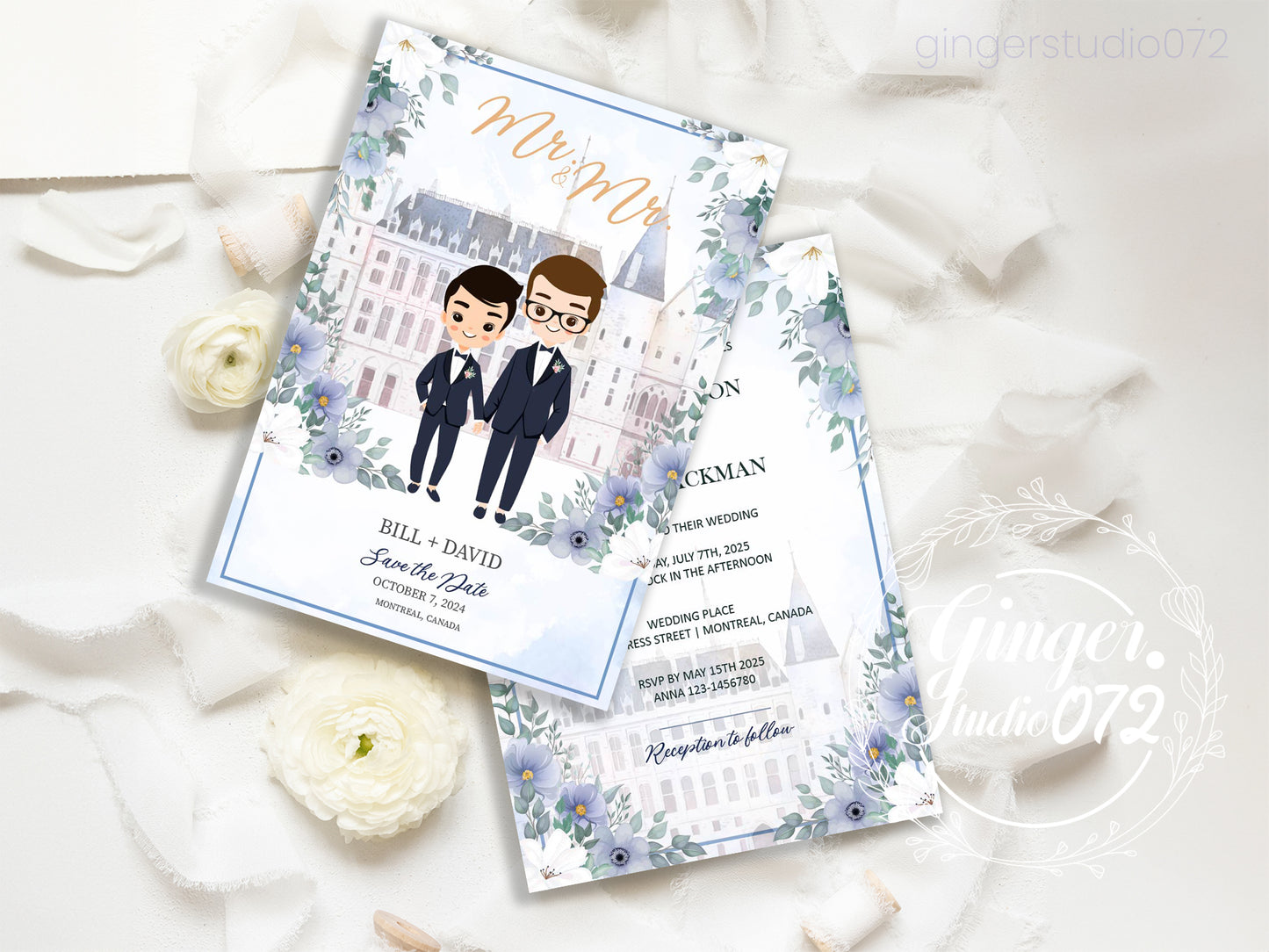 Cute LGBT wedding Invites, Asian-Caucasian wedding, customize template #lgbt220801